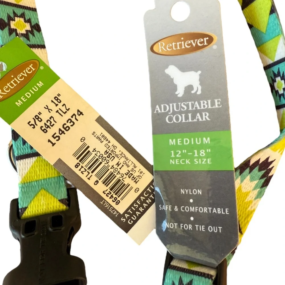 Southwestern Boho Teal/Lime Aztec Geometric Adjustable Dog Collar, Medium 18”